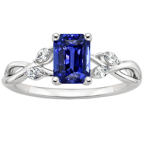 Solitaire Ring Emerald Blue Sapphire With Marquise Diamonds Lady’s Round Anniversary