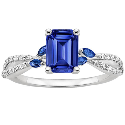 Ladies Stylish Solitaire With Accents Ring Emerald & Marquise Blue Sapphires