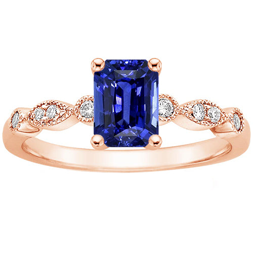 Rose Gold Gemstone Ring Emerald Blue Sapphire With Accents Sparkling Unique Lady’s