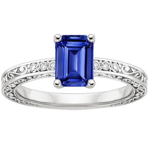 Sparkling Unique Lady’s White Gold Gemstone Ring With Accent Emerald Blue Sapphire