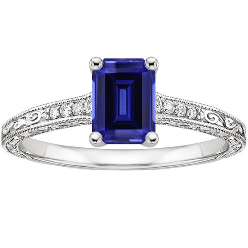 Woman's Weeding Anniversary Blue Sapphire Solitaire Ring With Diamonds Milgrain Shank