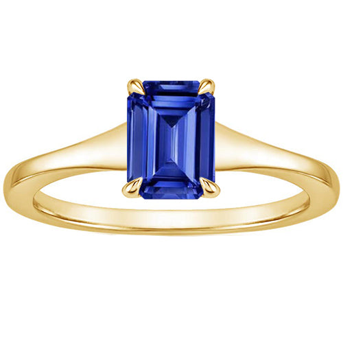 Sparkling Unique Lady’s Solitaire Blue Sapphire Ring Emerald Cut Yellow Gold