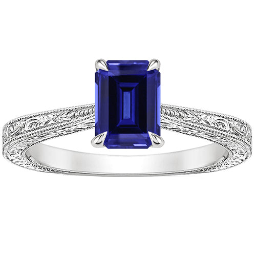Woman's Weeding Anniversary Solitaire Ring Emerald Blue Sapphire Filigree Shank