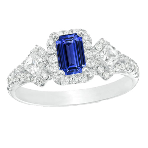 Elegant Woman's Halo Emerald Blue Sapphire Ring Princess & Round Diamonds