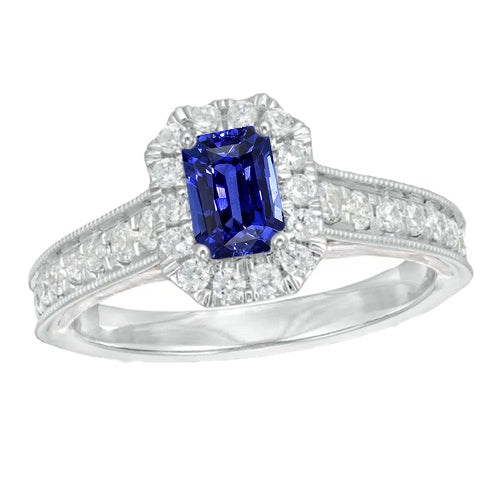 Elegant Woman's Diamond Halo Emerald Ring Ceylon Sapphire Women’s Jewelry