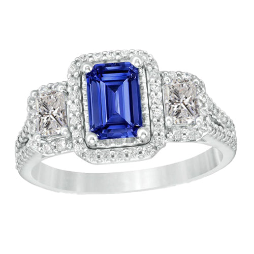 Elegant Woman's Double Halo Emerald Cut Ring Ceylon Sapphire