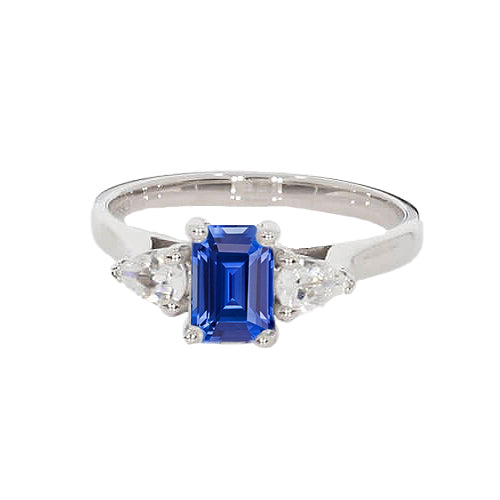 New Best Women’s 3 Stone Ring Emerald Ceylon Sapphire & Pear Diamonds