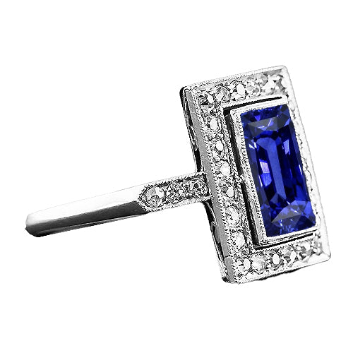Lady’s Vintage Style Halo Radiant Ceylon Sapphire Ring Antique Style & Diamonds