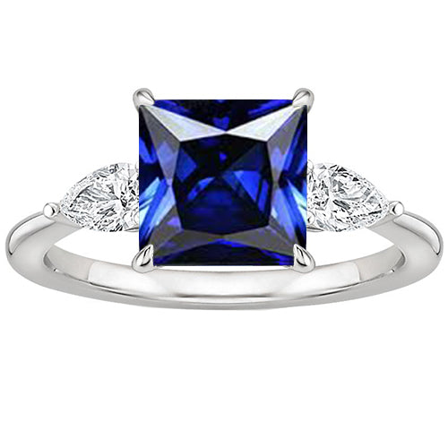 New Stylish Anniversary Natural Princess Ceylon Sapphire & Pear Diamond 3 Stone Ring