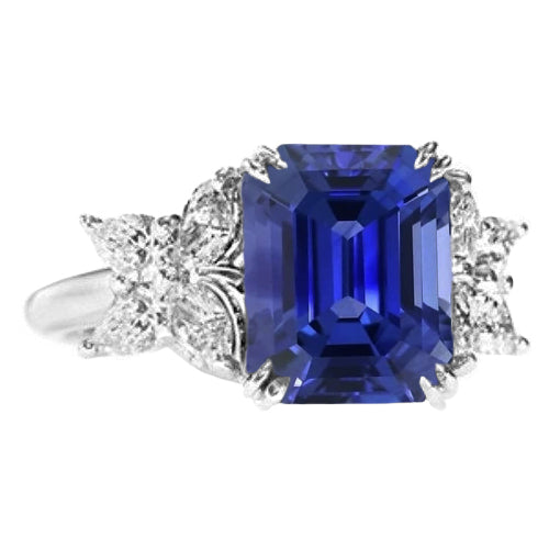 Gorgeous fancy Ladies Diamond Gemstone Ring Emerald Cut Ceylon Sapphire Gold