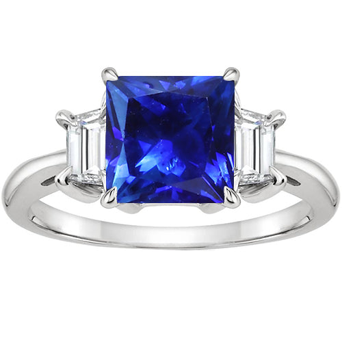 Best Amazing Stylish 3 Stone Gold Ring Princess Blue Sapphire & Trapezoid Diamonds