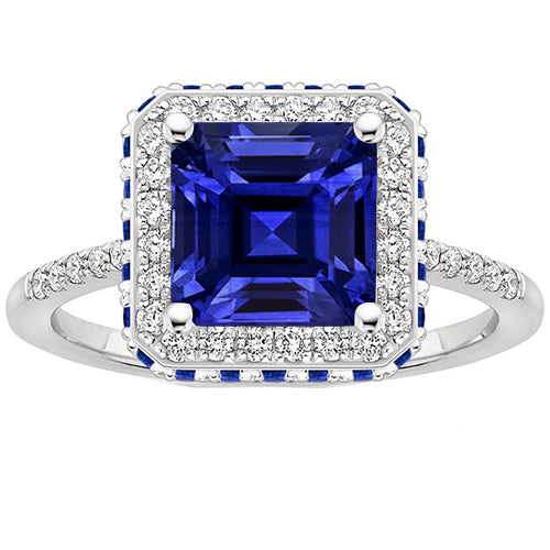 Womans Stylish Anniversary Diamond Gemstone Ring Halo Princess Blue Sapphire Gold