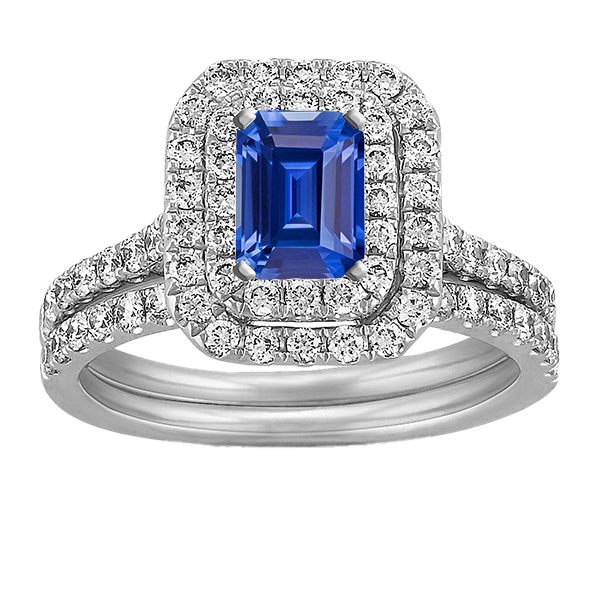 Lady’s Brilliant Engagement Diamond Double Halo Emerald Blue Sapphire Wedding Ring