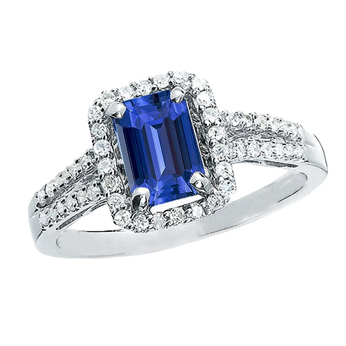 New High QualityHalo Emerald Cut Ceylon Sapphire Ring Split Shank Diamond