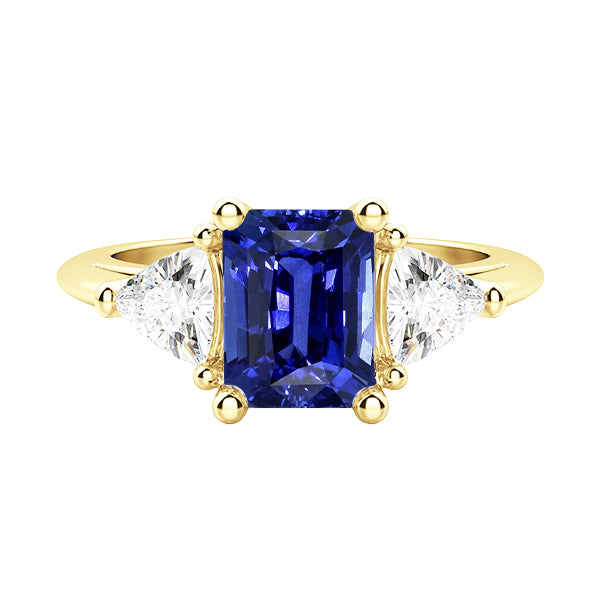 3 Stone Emerald Blue Sapphire Ring With Trillion Diamonds Lady’s Brilliant Engagement