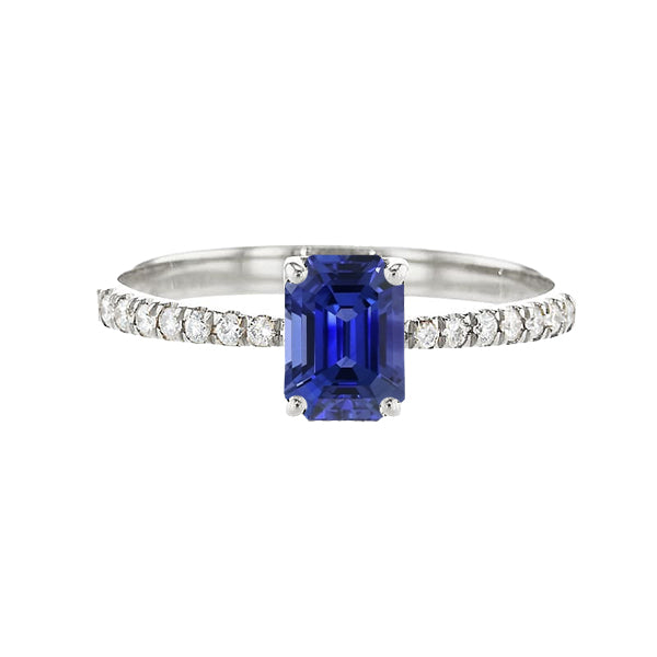 High Quality Fancy Sparkling Emerald Solitaire Blue Sapphire Ring & Pave Set Diamonds