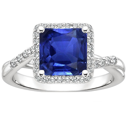 Best Ladies Halo Diamond Ring Square Shape Ceylon Blue Sapphire