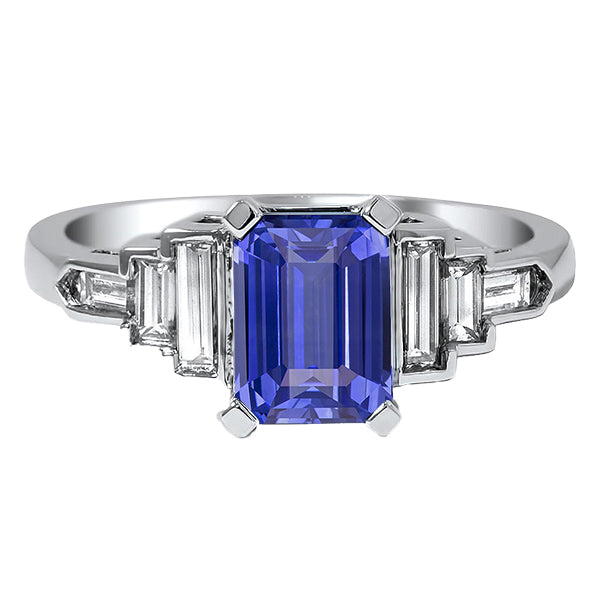 Diamond High Quality Fancy Sparkling Emerald Blue Sapphire With Baguette Accents Ring