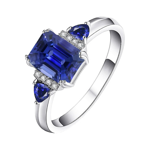 Princess Cut Style Emerald Three Stone Natural Blue Sapphire Ring & Diamonds
