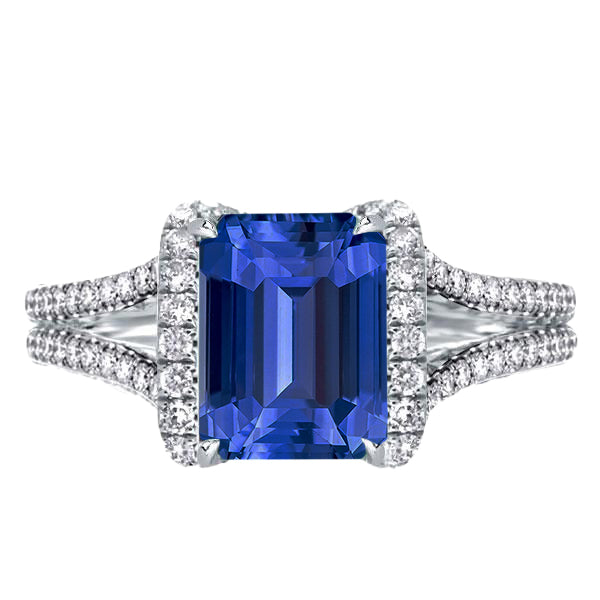 Ladies Quality Unique Diamond Halo Emerald Ceylon Sapphire Ring Double Shank