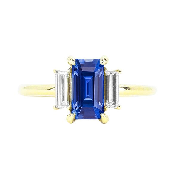 LAdies Gorgeous fancy Engagement 3 Stone Blue Sapphire Emerald & Baguette Cut Ring
