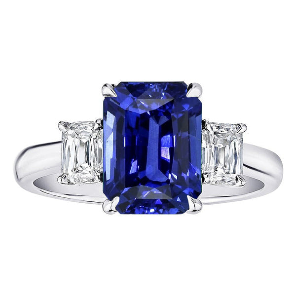 Womans Gold Emerald 3 Stone Blue Sapphire & Diamond Ring