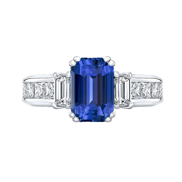 Fancy Lady’s Blue Sapphire 3 Stone Emerald Cut Ring & Princess Diamonds
