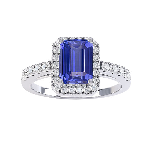 Women Halo Emerald Blue Sapphire Ring Ladies Brilliant Sparkling Diamond Jewelry