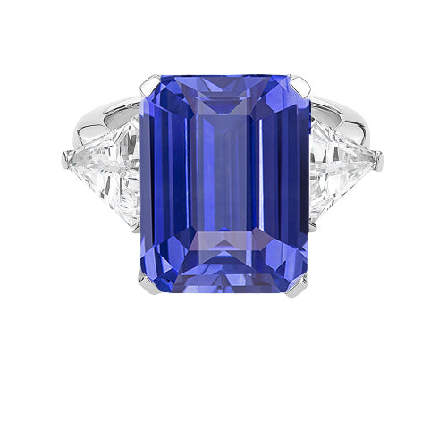 Princess Cut Elegant Woman's Emerald 3 Stone Ceylon Sapphire Ring With Trillion Diamond