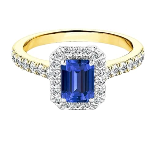 Two Tone Halo Emerald Sapphire Ring Princess Cut Elegant Woman's Diamond Accents