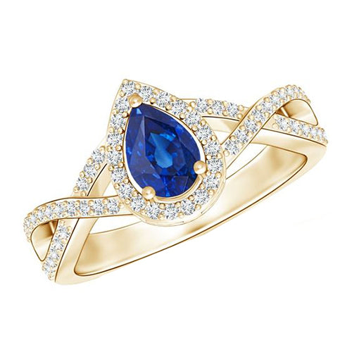 Women Jewelry Sparkling Yellow Gold Diamond Halo Ring Center Pear Ceylon Sapphire