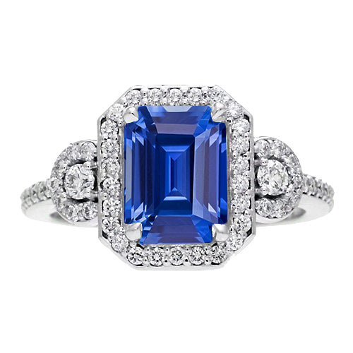 Diamond Halo Brilliant Sparkling Srilanka Sapphire Emerald Ring 3 Stone Style