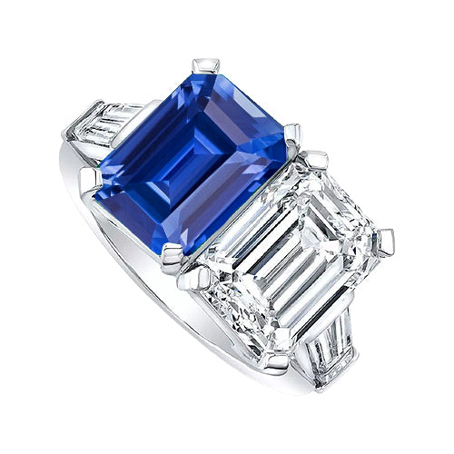 Emerald Diamond & Blue Sapphire Ring Sparkling Unique Lady’s Gold Baguette Accents