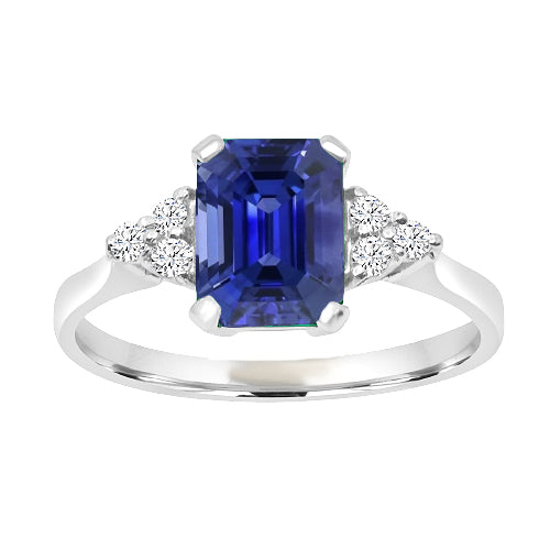 Woman's Weeding Gemstone Ring Emerald Ceylon Sapphire & Round Diamonds