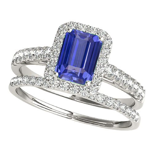 Halo Princess Cut Elegant Woman's Engagement Ring Set Emerald Blue Sapphire With Gold Band