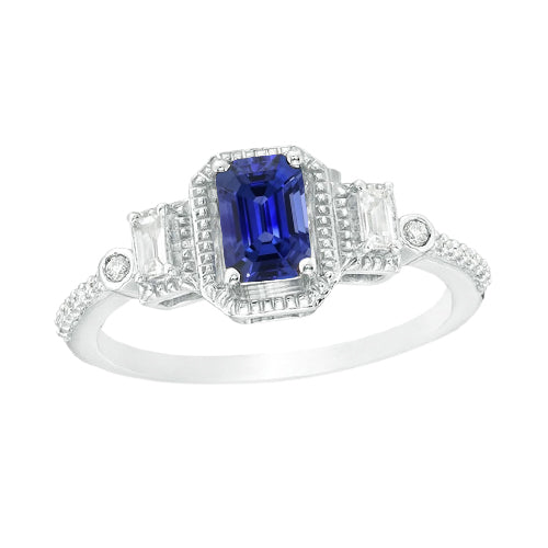 Woman's Weeding Anniversary Emerald Blue Sapphire Wedding Ring Gold Tapered Shank