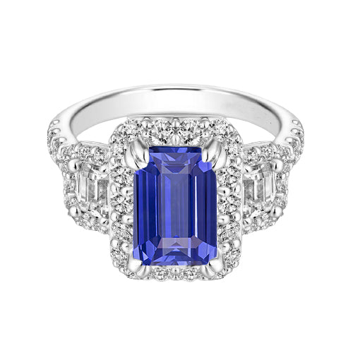 Halo Emerald Natural Earth Mined Diamond & Ceylon Sapphire Ring 3.50 Carats With Accents