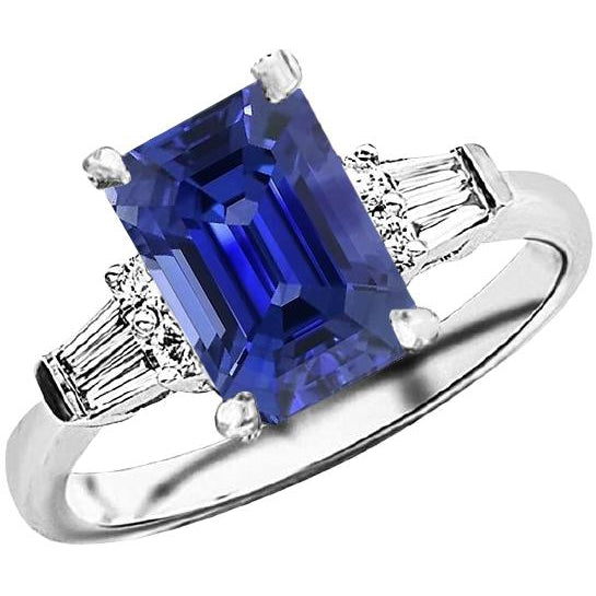 Women Diamond Engagement Round & Baguette Diamond Sri Lankan Sapphire Ring Emerald