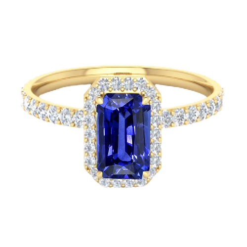 Women's Halo Ring Emerald Cut Ceylon Sapphire With Accents Women Diamond Engagement
