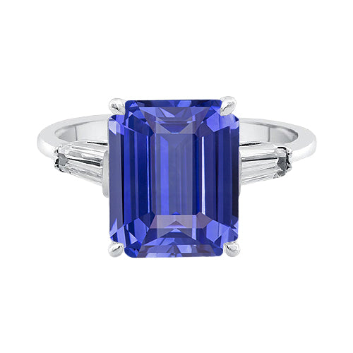 Baguette Gorgeous fancy Diamond 3 Stone Ring Emerald Cut Ceylon Sapphire