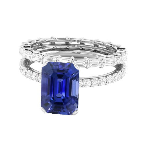 Best Amazing Stylish womans Gemstone Wedding Ring Set Blue Sapphire Baguette Diamond
