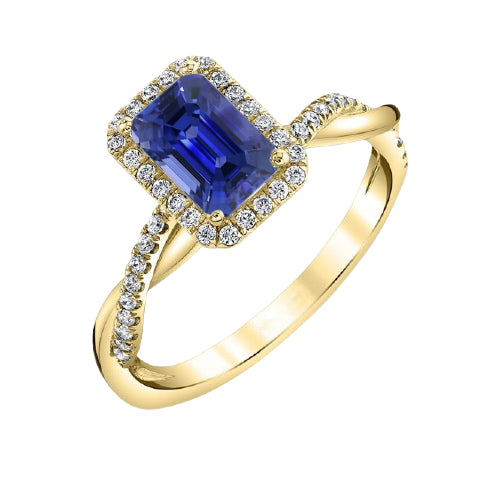 Yellow Best Amazing Stylish womans Gold Halo Ring Emerald Shaped Sri Lankan Sapphire