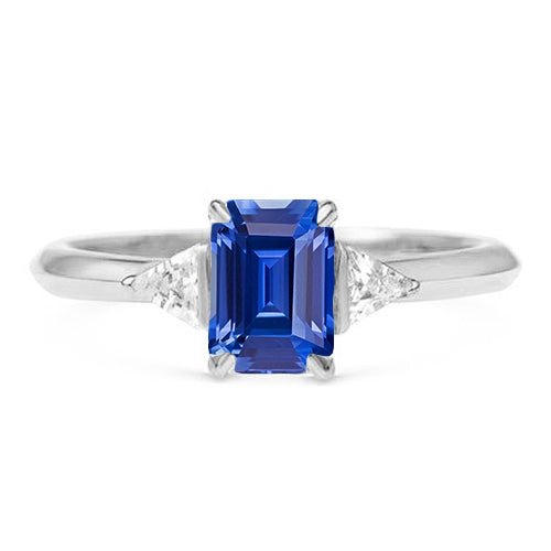 Trillion Natural Earth Mined Diamond Three Stone Ring Emerald Ceylon Sapphire 2.50 Carats