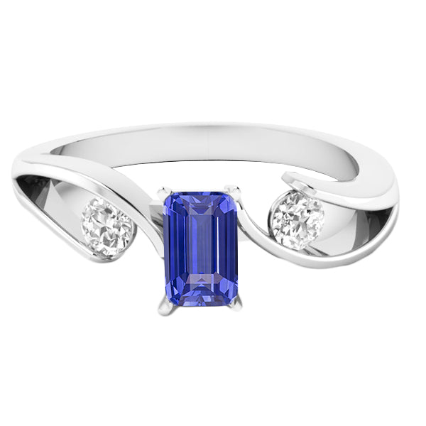 Lady’s Round Anniversary 3 Stone Emerald Blue Sapphire Ring Tension Style Diamonds