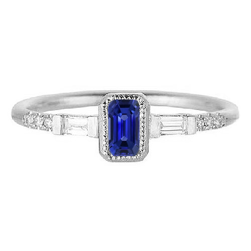 Blue Fancy Lady’s Vintage Style Sapphire Halo Ring With Baguette & Round Diamonds