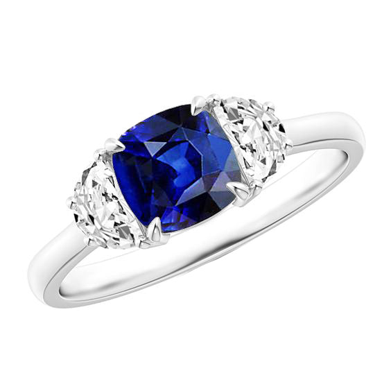 New Stylish Gold Diamond Half Moon & Cushion Ceylon Sapphire 3 Stone Ring