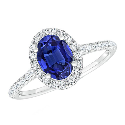 New Ladies Oval Diamond Halo Ring Blue Sapphire Accented White Gold