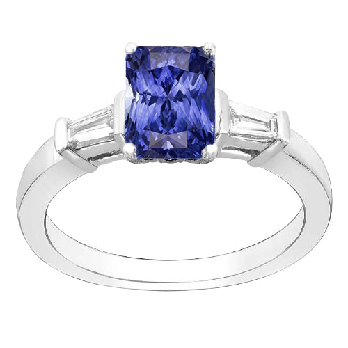 Gold Baguette Natural Earth Mined Diamond Ring 3 Stone Ceylon Sapphire Jewelry 2.50 Carats