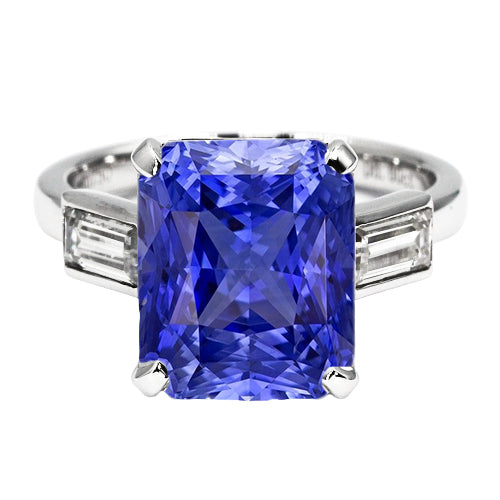 New High Quality Wedding 3 Stone Ring Radiant Sapphire & Baguette Diamonds White Gold