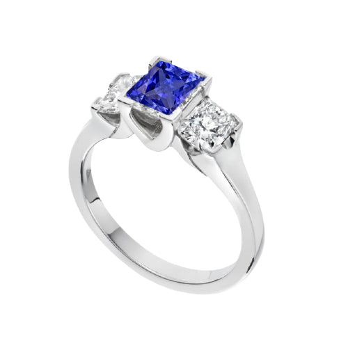 New High Quality Wedding Cushion Diamond 3 Stone Ring V-Prong Ceylon Sapphire
